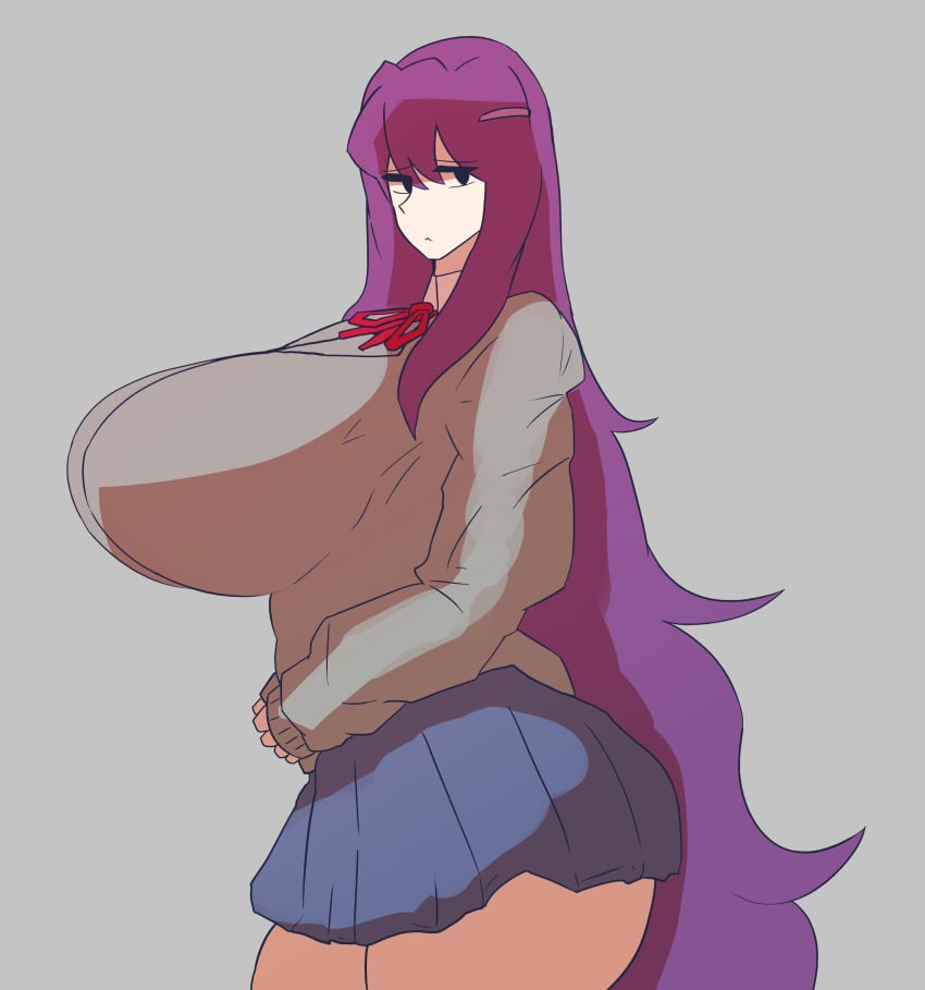 1girls 2d 925kyohei :< alternate_breast_size blue_skirt breasts_bigger_than_head brown_jacket doki_doki_literature_club hairclip huge_breasts human human_only hyper hyper_breasts jacket kunaboto_(style) light-skinned_female light_skin long_hair looking_at_viewer purple_hair school_uniform schoolgirl side_view skirt solo yuri_(doki_doki_literature_club)