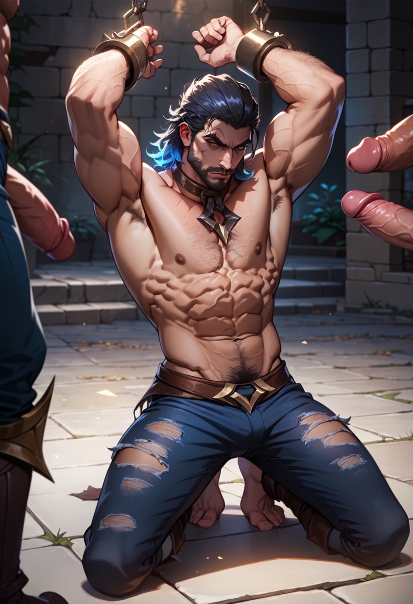 abs ai_generated bara biceps big_penis erection gay league_of_legends male male/male male_nipples male_only manly muscular_male nipples pecs penis riot_games sylas wankyc