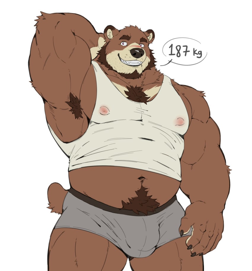 anthro armpit_hair bear beard body_hair bulge clothing digital_drawing_(artwork) digital_media_(artwork) facial_hair hand_behind_back hi_res mammal meocondainhan pubes shirt simple_background solo tail tank_top topwear underwear white_background