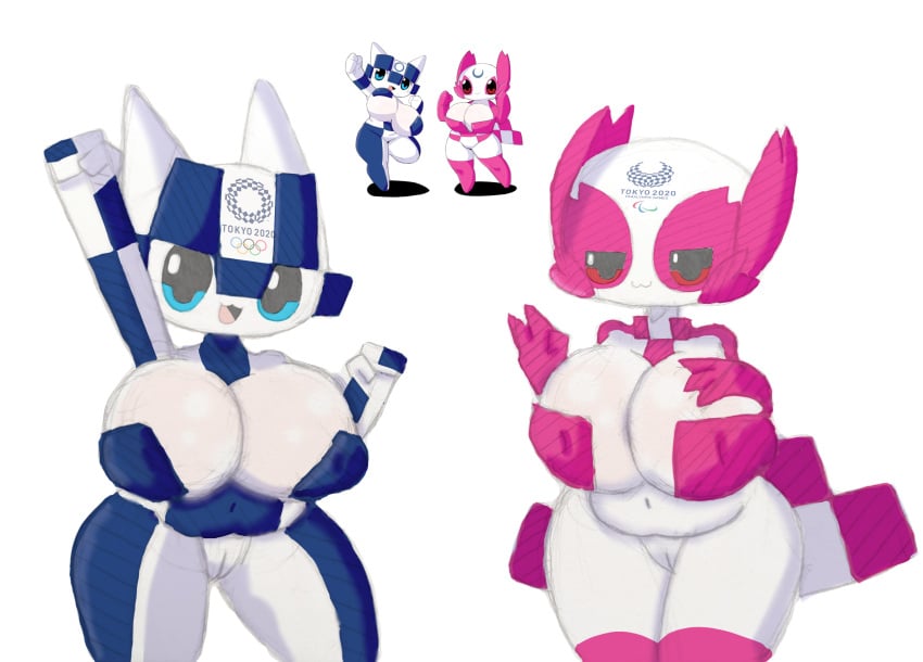 2020_tokyo_olympics 2girls big_breasts big_thighs black_eyes blue_body blue_eyes cat_ears chubby chubby_female female genderswap_(mtf) hand_on_breast hidden_nipples huge_breasts looking_at_viewer mascot miraitowa no_color no_panties olympic_mascot peace_sign pink_body pussy raised_arm red_eyes someity someity_(mascotverse) sport_mascots two two_tone_skin white_background white_shirt