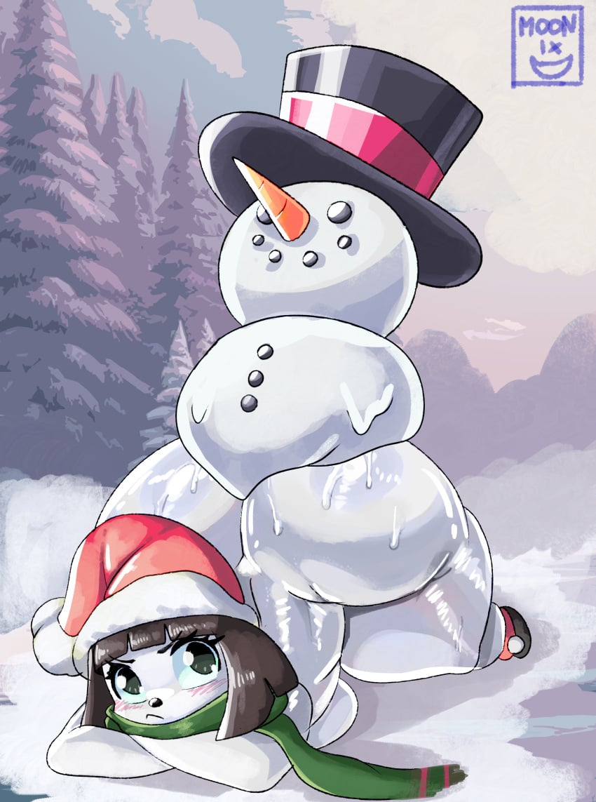 1girls anthro ass ass_up big_breasts blush bodily_fluids breasts christmas christmas_outfit cleavage clothed clothing female female_focus female_only fur furry hat holidays holly_jollybum jack-o'_pose jack-o_pose jackochallenge moonix_xero scarf snow snowman tagme tagme_(artist)