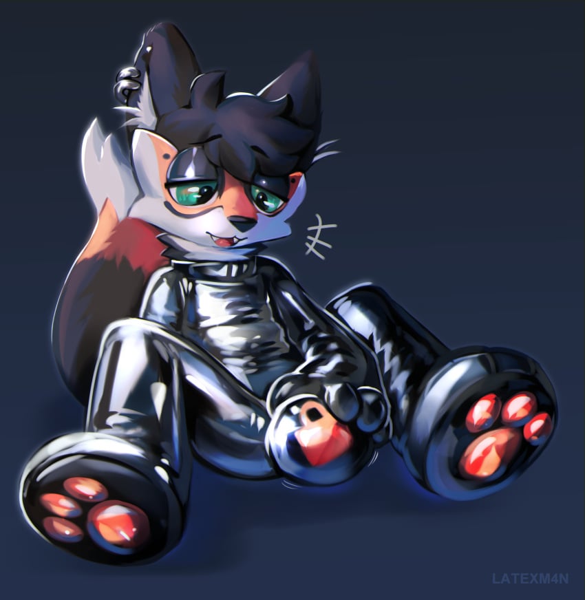 absurd_res anthro big_bulge bulge bulge_grab canid canine clothing fox glistening glistening_body hi_res latex latex_clothing latexm4n male mammal null null_bulge pawpads solo solo_focus