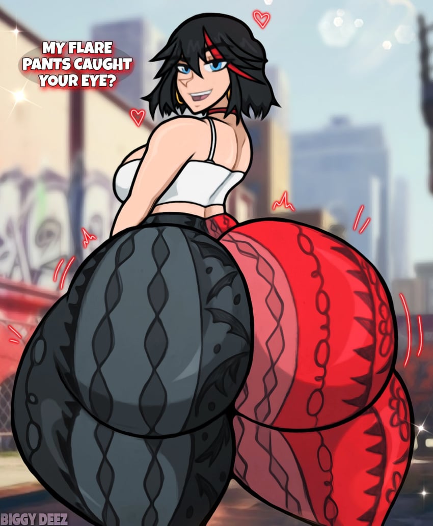 1girls ass big_ass biggy_deez black_hair bottom_heavy breasts bubble_butt crop_top dat_ass dialogue ear_piercing earrings fat_ass female female_only flare_pants forbidden_pants huge_ass kill_la_kill large_ass looking_at_viewer looking_back massive_ass matoi_ryuuko solo talking_to_viewer text thick_ass thick_thighs wide_hips