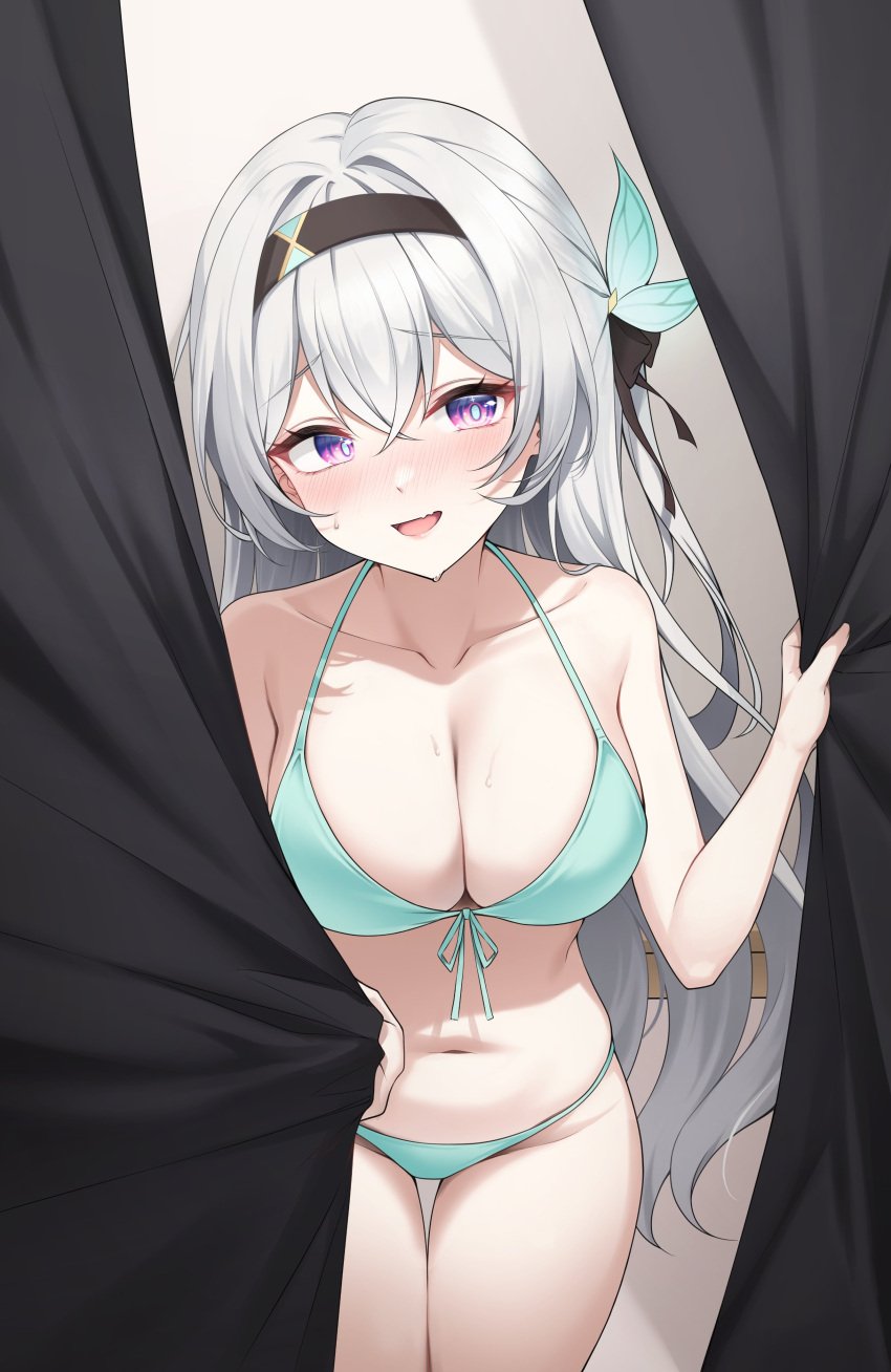 bikini breasts cleavage curtains curvy curvy_female curvy_figure female firefly_(honkai:_star_rail) grey_hair hairband honkai:_star_rail honkai_(series) large_breasts looking_at_viewer navel smile sweat teasing