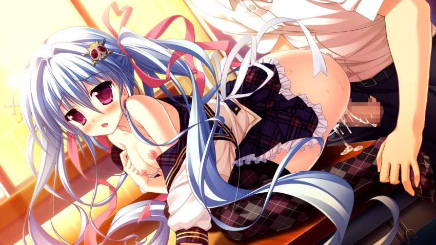 blue_hair blush breasts censored collarbone cum cum_in_pussy female game_cg hair_ornament long_hair luluna magical_marriage_lunatics!! moonstone nipples open_mouth ornament penis purple_eyes ribbon sex thighhighs tied_hair twintails vaginal_penetration yamakaze_ran