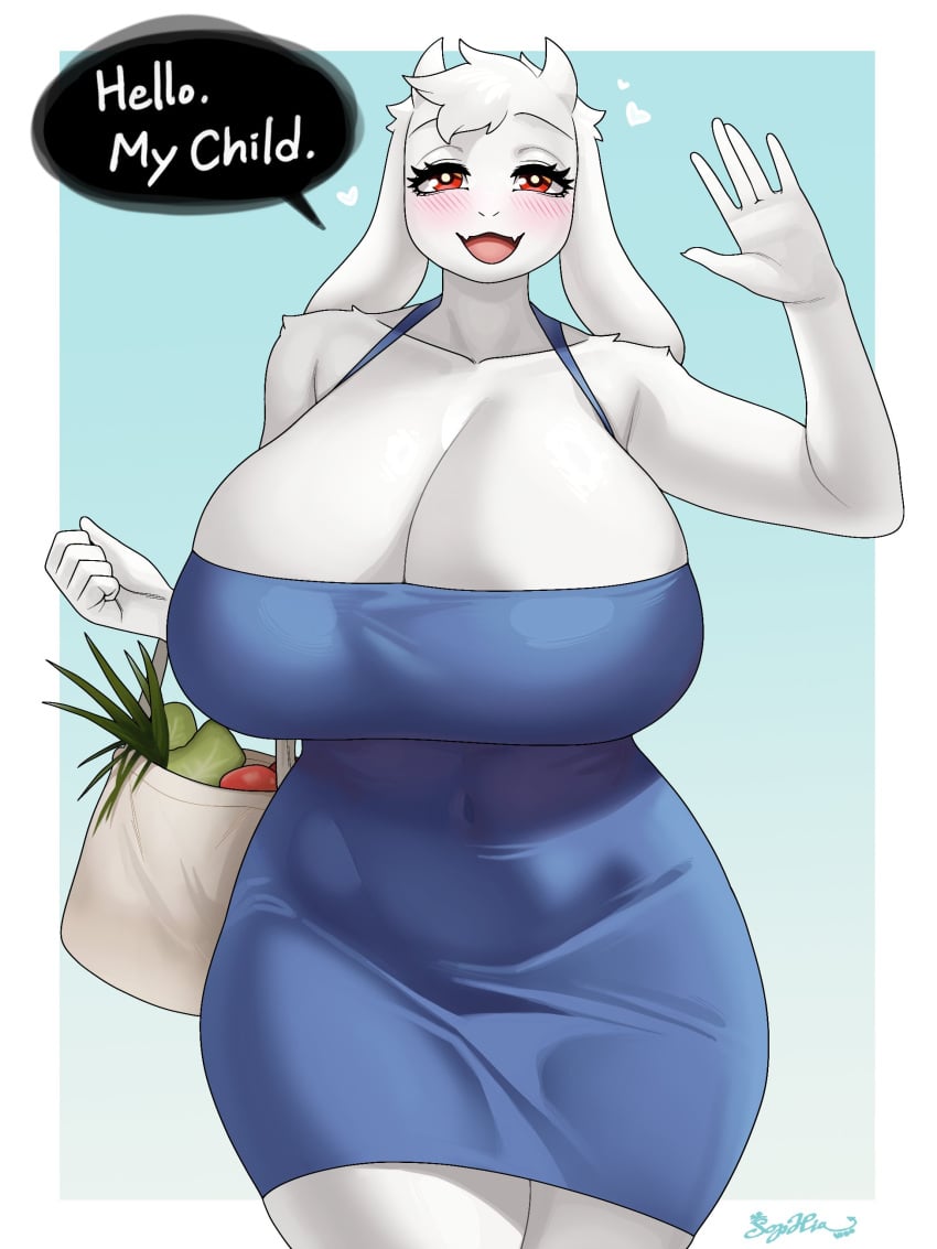 2_horns 3:4 5_fingers absurd_res anthro big_breasts blue_clothing blue_dress boss_monster_(undertale) bovid breasts caprine cleavage clothed clothing dress english_text female fingers floppy_ears fur goat greeting hi_res horn huge_breasts lop_ears mammal mature_anthro mature_female portrait raised_hand red_eyes simple_background solo sophiathedragon text three-quarter_portrait toriel undertale undertale_(series) white_body white_ears white_face white_fur white_horn wide_hipped_female wide_hips