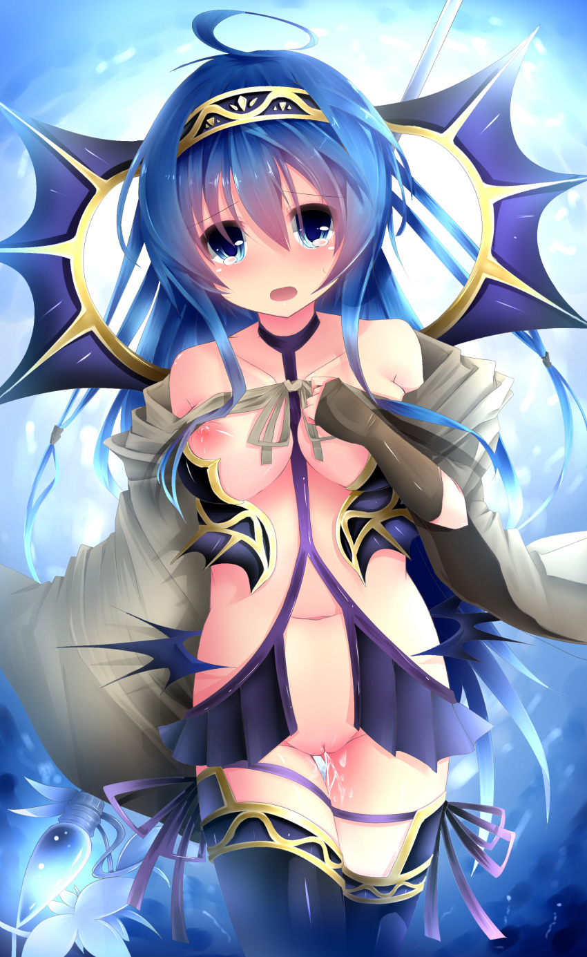 :o absurdres ahoge areolae arm_behind_back bare_shoulders blue_eyes blue_hair blue_legwear breasts collarbone cowboy_shot duel_monster eria eria_the_water_charmer female highres long_hair looking_at_viewer medium_breasts navel nipples open_mouth pussy pussy_juice silyouta1120 solo tears thighhighs yu-gi-oh! yuu-gi-ou_duel_monsters