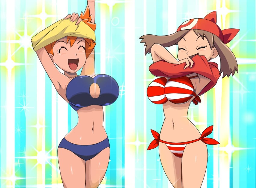 2girls armpits arms_up asymmetrical_hair bandana big_breasts bikini bikini_bottom blue_bikini bouncing_breasts breasts brown_hair cleavage closed_eyes clothes_lift creatures_(company) female game_freak kasumi_(pokemon) large_breasts may_(pokemon) multiple_girls navel nintendo open_mouth orange_hair pokemon pokemon_rgby pokemon_rse ponytail red_bikini shantae shantae_and_the_pirate's_curse shirt shirt_lift short_hair side-tie_bikini_bottom side-tie_clothing side-tie_swimsuit side_ponytail smile sparkle striped striped_bikini striped_clothes striped_swimsuit swimsuit thighs underboob undressing