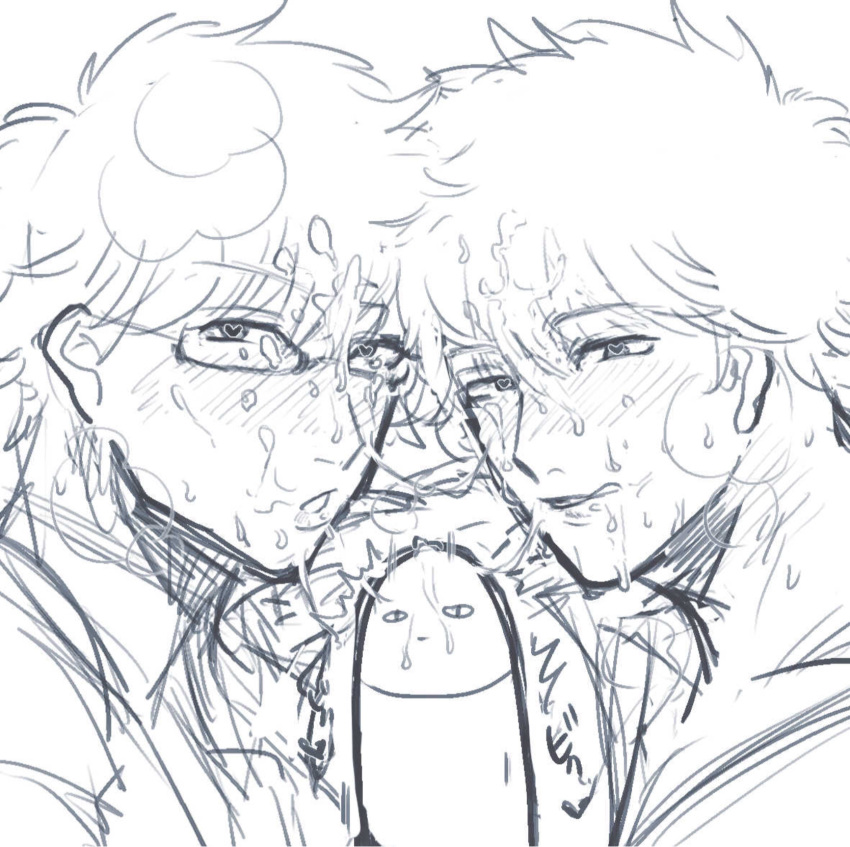 2boys atarime4542 blush class_3-z cum cum_on_face cum_on_hair dual_persona gay gintama gintoki_sakata glasses heart-shaped_pupils justaway looking_at_viewer male male_only monochrome phallic_symbol sexually_suggestive sketch yaoi