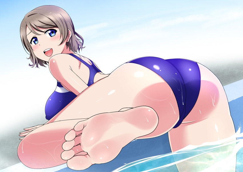 1girls ass barefoot blue_eyes breasts butt competition_swimsuit dat_ass feet female female_only grey_hair looking_at_viewer looking_back love_live! love_live!_sunshine!! one-piece_swimsuit panimiiru pov_feet pulque short_hair smiley_face soles suggestive_fluid swimsuit toes watanabe_you