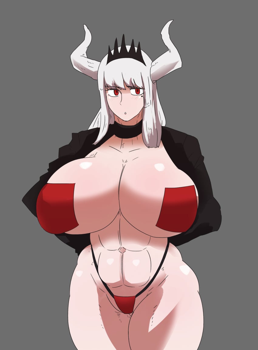 1girls 925kyohei abs arms_behind_back black_choker choker demon demon_girl demon_horns helltaker hime_cut horns kunaboto_(style) long_hair looking_at_viewer lucifer_(helltaker) mole mole_under_eye red_eyes red_thong solo thong voluptuous voluptuous_female white_hair