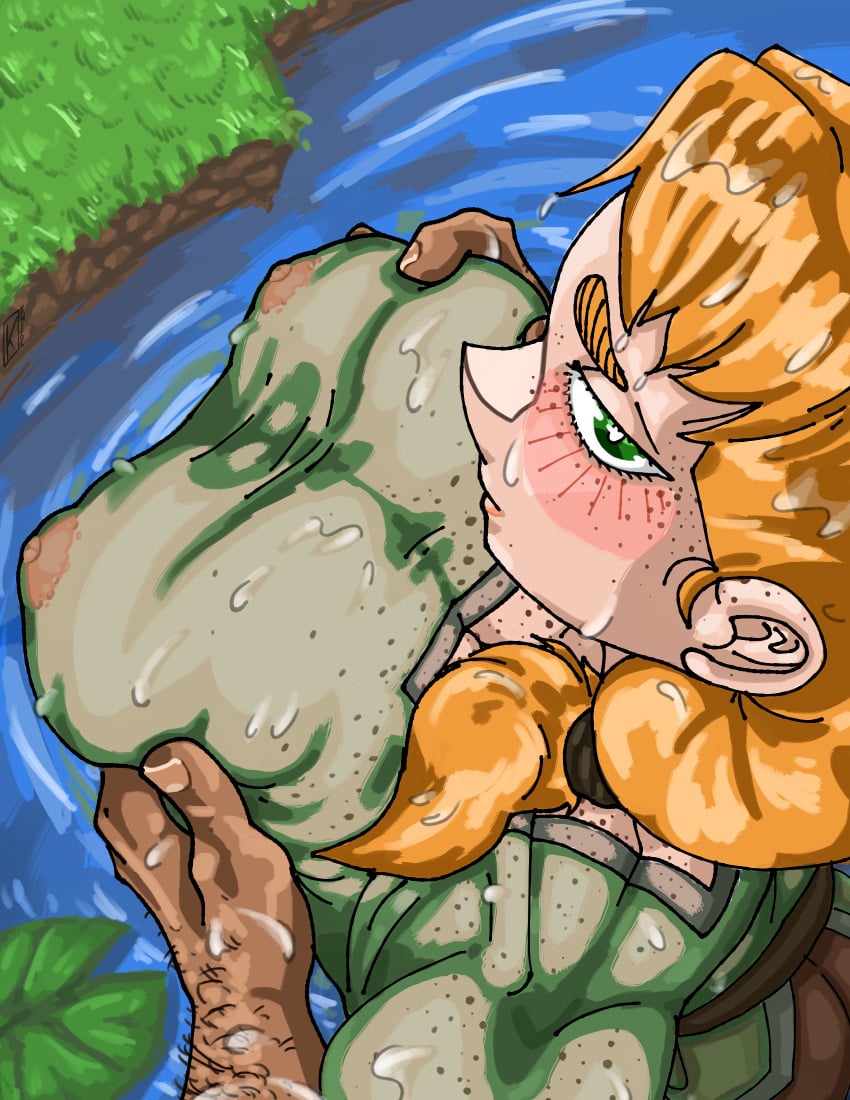 2d 2d_(artwork) alex_(minecraft) arm_hair blush breasts ear fondling_breast ginger ginger_hair grabbing_breasts grass green_eyes hairy_arms konefol minecraft nipples no_bra no_underwear orange_hair ponytail steve_(minecraft) sweat sweatdrop transparent_clothing water wet_body wet_clothes wet_clothing