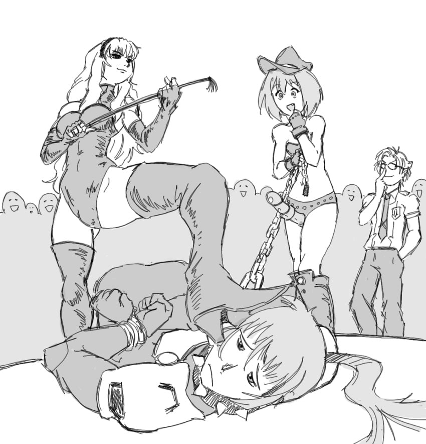 alto_saotome bondage brainsucks breasts clothing female femdom glasses green_hair macross macross_frontier monochrome multiple_girls ranka_lee rough_sketch sheryl_nome strap-on yandere