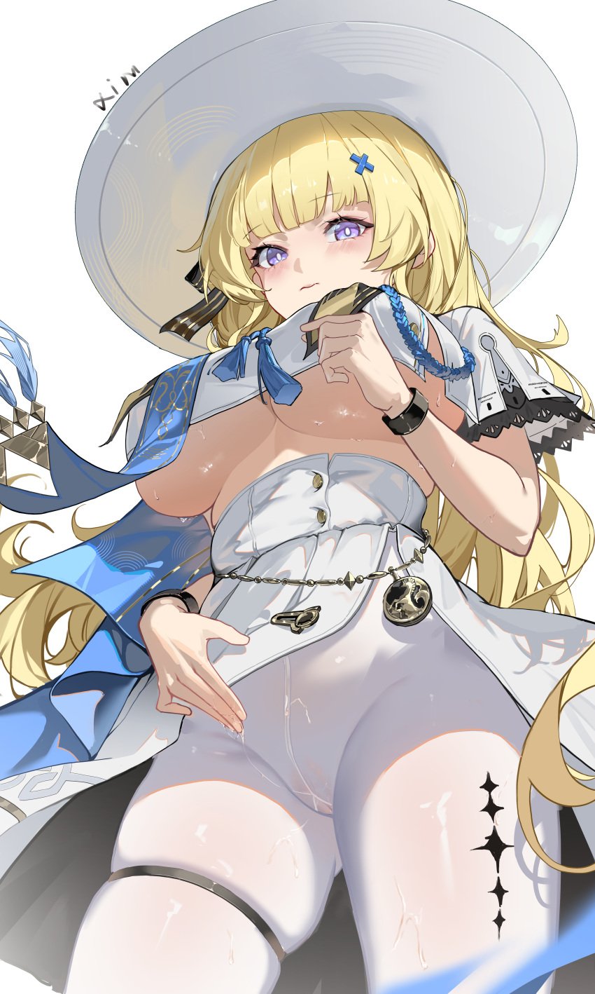 absurdres alternate_breast_size black_bow blonde_hair blush bow breasts bright_pupils closed_mouth cowboy_shot crop_top female frilled_sleeves frills from_below gusset hair_ornament hairbow hat highres huade_xiami large_breasts long_hair looking_at_viewer pantyhose phoebe_(wuthering_waves) purple_eyes pussy pussy_juice pussy_juice_trail shirt signature simple_background skirt solo striped_bow tacet_mark_(wuthering_waves) underboob very_long_hair white_background white_hat white_pantyhose white_pupils white_shirt white_skirt wuthering_waves x_hair_ornament