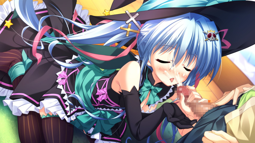 blue_hair censored closed_eyes cum elbow_gloves facial female game_cg gloves hair_ornament long_hair luluna magical_marriage_lunatics!! moonstone ornament penis thighhighs tied_hair twintails yamakaze_ran