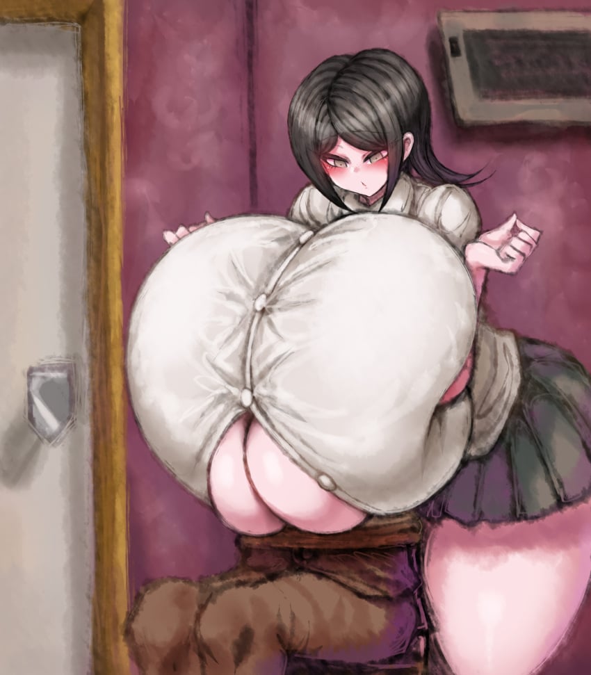 1boy 1girls 2b213 absurd_res alternate_breast_size bangs black_hair blonde_hair blush breast_focus bubble busty chair danganronpa danganronpa:_trigger_happy_havoc door enormous_breasts gigantic_breasts hair_ornament hand_on_hip head_between_breasts head_in_cleavage hi_res highres inbetweening large_breasts light-skinned_female mukuro_ikusaba room short_hair skirt stuck_between_breasts thick_thighs tied_up twintails unseen_male_face vent victim