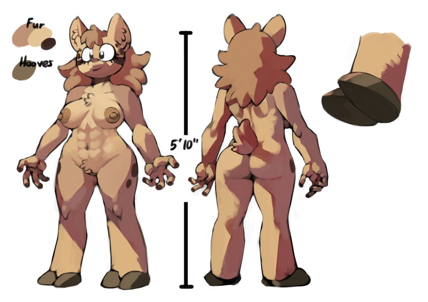 abs anthro ass big_breasts bittenhard breasts chest_tuft crease_(pongodecky) crotch_tuft deer female front_view hair hi_res long_hair mammal model_sheet nude rear_view smile solo tuft