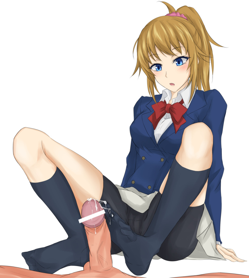 1boy :o bike_shorts black_socks blue_eyes blush bow brown_hair cameltoe censored cum cum_on_body cum_on_lower_body feet female footjob gundam gundam_build_fighters gundam_build_fighters_try highres hoshino_fumina knee_socks kneehighs kneesocks penis piro_(iiiiiiiiii) ponytail school_uniform shorts_under_skirt sitting skirt socks solo_focus tied_hair