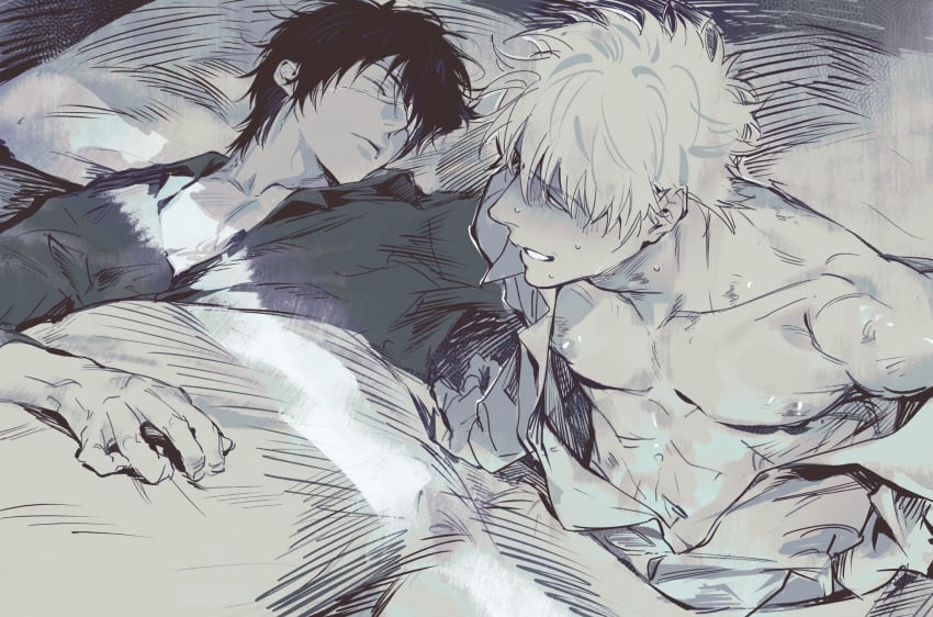 2boys after_sex chimmyming class_3-z eye_patch gay gintama gintoki_sakata hickey hickey_marks looking_back male male_only monochrome nervous nipples official_alternate_costume on_back on_bed open_shirt shaded_face sleeping sweat takasugi_shinsuke teacher_and_student yaoi