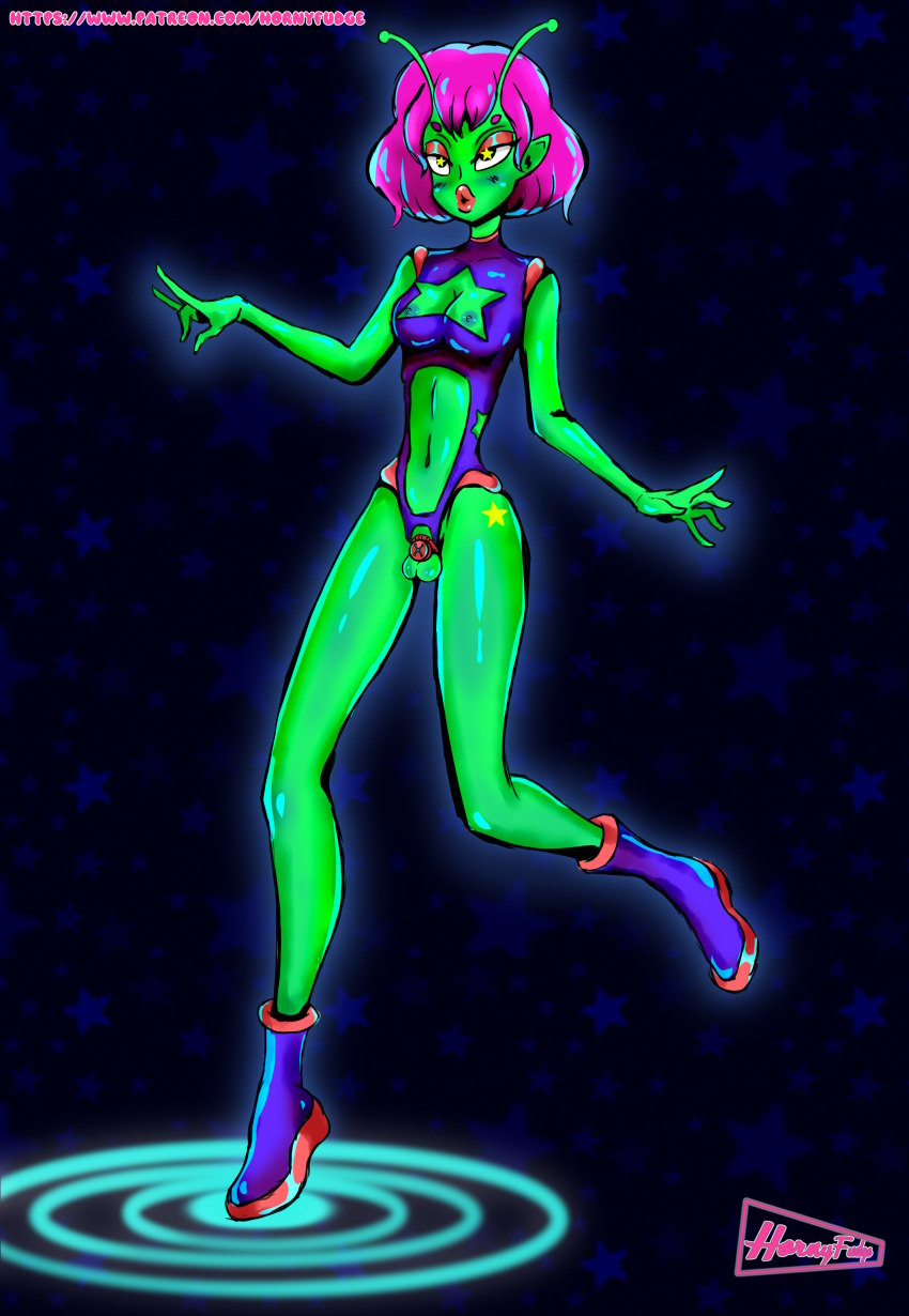 1futa alien alien_humanoid alien_only balls big_breasts big_lips breasts chastity chastity_cage chastity_device full_body futa_only futanari green_skin hornyfudge mostly_clothed self_upload sissy solo standing star_(symbol)