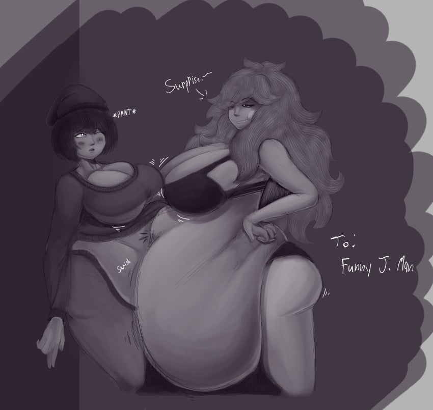 2girls ass bbw big_belly black_and_white chubby fat_female grayscale large_breasts spaghetticultists vore vore_belly