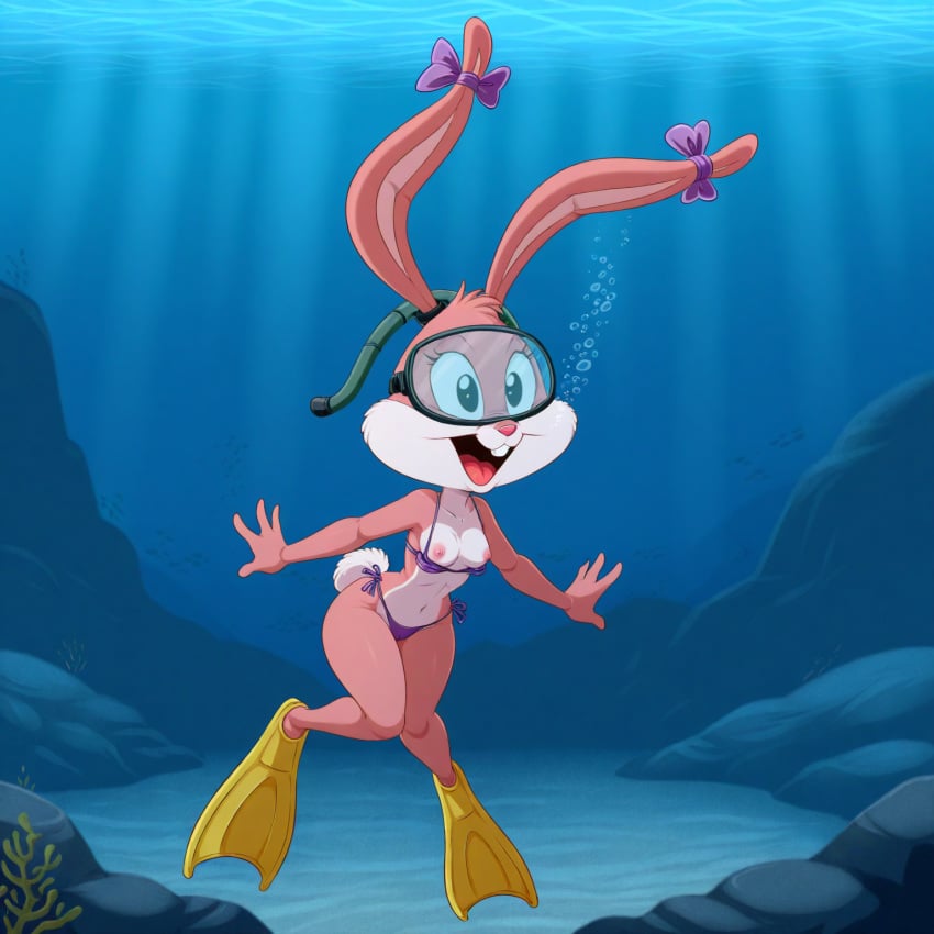 1girls ai_generated anthro babs_bunny bikini bikini_top_down bow breasts bubbles diving_mask female flippers furry mask navel nipples ocean purple_bikini purple_swimsuit rabbit sea side-tie_bikini small_breasts solo swimming swimsuit tiny_toon_adventures underwater warner_brothers water