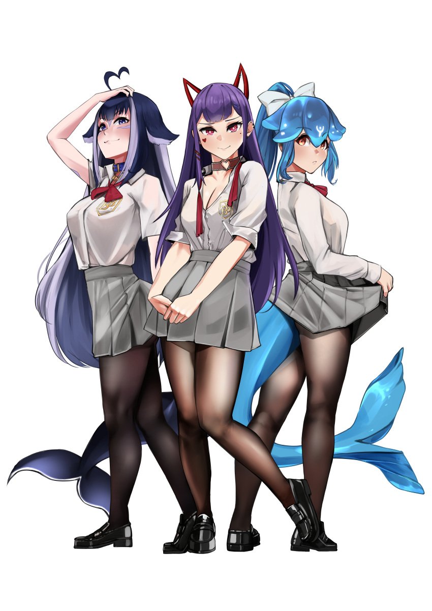 3girls ahoge akuma_nihmune bangs bao_(vtuber) black_footwear black_legwear blue_eyes blue_hair blush bow breasts cleavage closed_mouth collarbone eyebrows_visible_through_hair full_body grey_skirt horns jacket large_breasts loafers long_hair looking_at_viewer medium_breasts miniskirt multiple_girls pantyhose pleated_skirt pupi purple_hair red_eyes red_neckwear ribbon school_uniform shirt shoes short_sleeves shylily sidelocks skirt smile standing the_bikini_bottoms very_long_hair virtual_youtuber white_background white_shirt