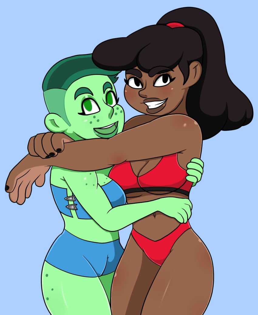 2girls afro arms_around_shoulders beckett_mariner brown_hair brown_skin brown_skinned_female couple d&#039;vana_tendi dark dopeisnukat duo female freckles freckles_on_face green_eyes green_hair green_skin hugging human humanoid looking_at_viewer orion_(species) paramount+ paramount_pictures ponytail red_bikini red_hairband skin star_trek star_trek_lower_decks swimsuit undercut
