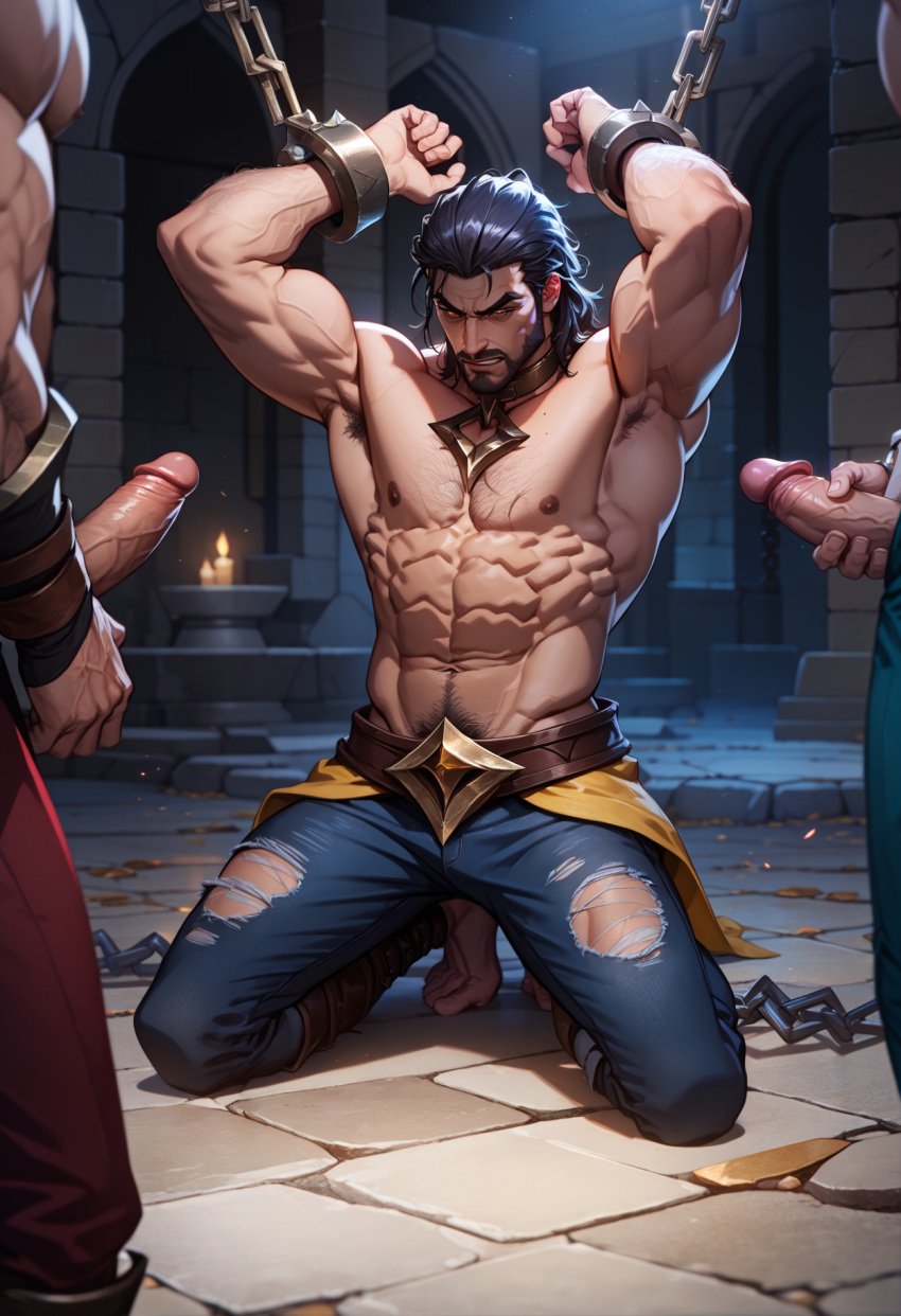 abs ai_generated bara biceps big_penis erection gay league_of_legends male male/male male_nipples male_only manly muscular_male nipples pecs penis riot_games sylas wankyc