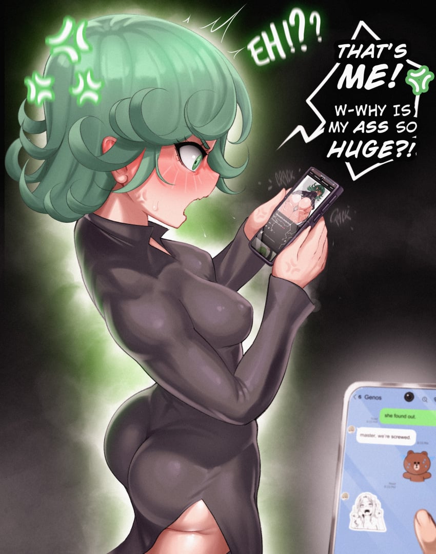 1girls angry ass blush breasts caught caught_in_the_act chat chat_box dat_ass dumptruck_ass embarrassed english_text genos green_eyes green_hair holding_phone huge_ass looking_at_porn message one-punch_man pawg petite phone phone_screen photo short_hair small_breasts social_media tatsumaki text_message wavy_mouth windmill_(artist)