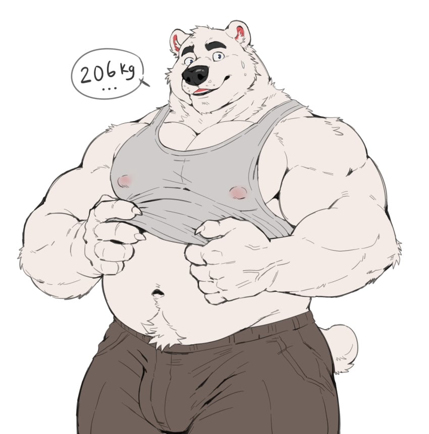 anthro bear biceps bottomwear bulge clothing digital_drawing_(artwork) digital_media_(artwork) fur hi_res male male_anthro mammal meocondainhan musclegut muscular muscular_anthro muscular_male navel pants polar_bear shirt simple_background tail tank_top topwear ursine white_background