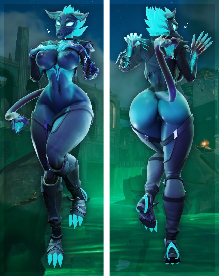 3d_(artwork) absurd_res anthro ass big_breasts big_butt blender_(artwork) blue_body blue_eyes blue_hair blue_skin breasts canid canid_demon canine cerberus_(fortnite) cerberus_(mayosplash) choker claws dakimakura dakimakura_design demon digital_media_(artwork) epic_games female fortnite full-length_portrait genitals glowing glowing_eyes glowing_hair hair hellhound hi_res jewelry long_tail looking_at_viewer mammal mythological_canine mythological_creature mythology necklace nipples portrait pussy short_hair solo springycharna tail thick_thighs wide_hips