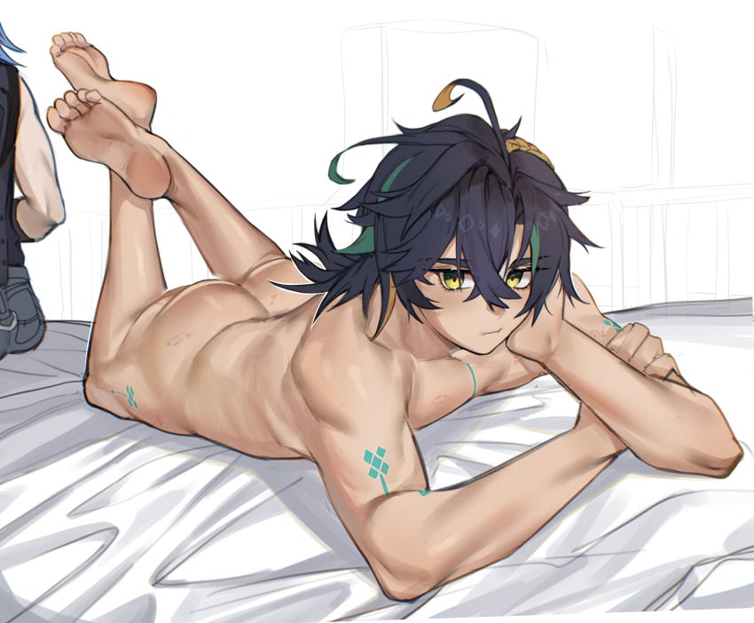 bana_gameg bite_mark bite_mark_on_ass bite_mark_on_shoulder bite_mark_on_thigh black_hair completely_nude embarrassed femboy genshin_impact green_eyes green_hair kinich_(genshin_impact) male_only naked orange_hair ororon_(genshin_impact) pouting tattoo twink