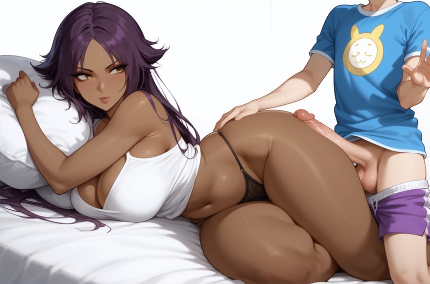 1boy 1girls ai_generated annoyed big_breasts big_thighs bleach camisole dark-skinned_female dark_skin hips inminent_sex lying lying_on_bed lying_on_side older_woman_and_younger_boy penis_on_ass purple_hair shihouin_yoruichi size_difference thick_thighs thong younger_male