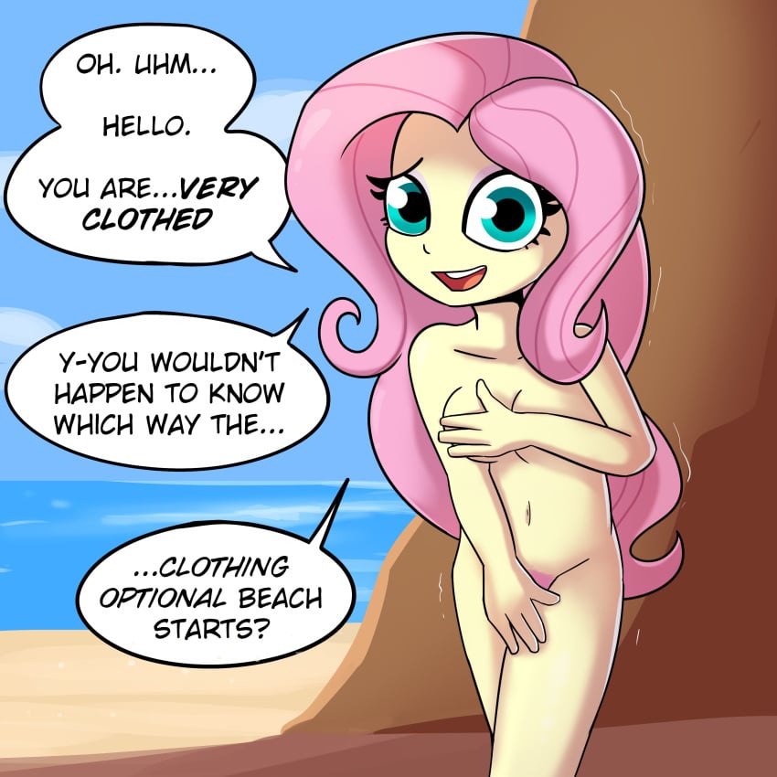 covering_self embarassed_nude_female embarrassed english_text equestria_girls fluttershy_(eg) fluttershy_(mlp) my_little_pony nude_female nudism talking_to_another text tjpones