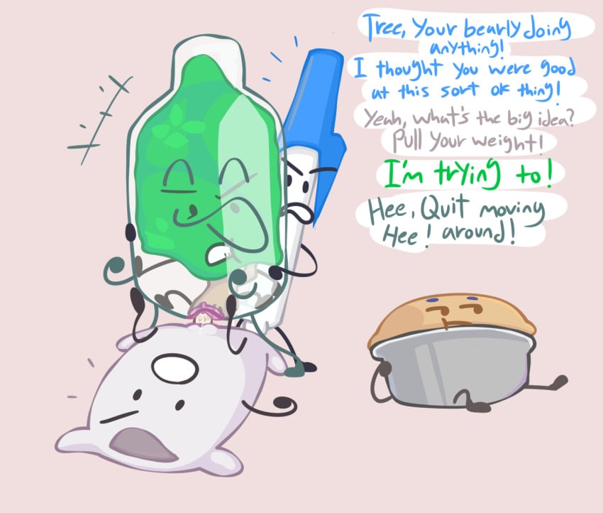 2boys 3girls annoyed annoyed_expression battle_for_bfdi battle_for_dream_island bfb blue_text bottle bottle_(bfdi) death_p.a.c.t. food green_text grey_text in_bottle jacknjellify object_show object_show_community object_shows pen_(bfdi) pie pie_(bfdi) pillow pillow_(bfdi) pussy rainey_(artist) rule_34_(paheal) sex text tree tree_(bfdi)