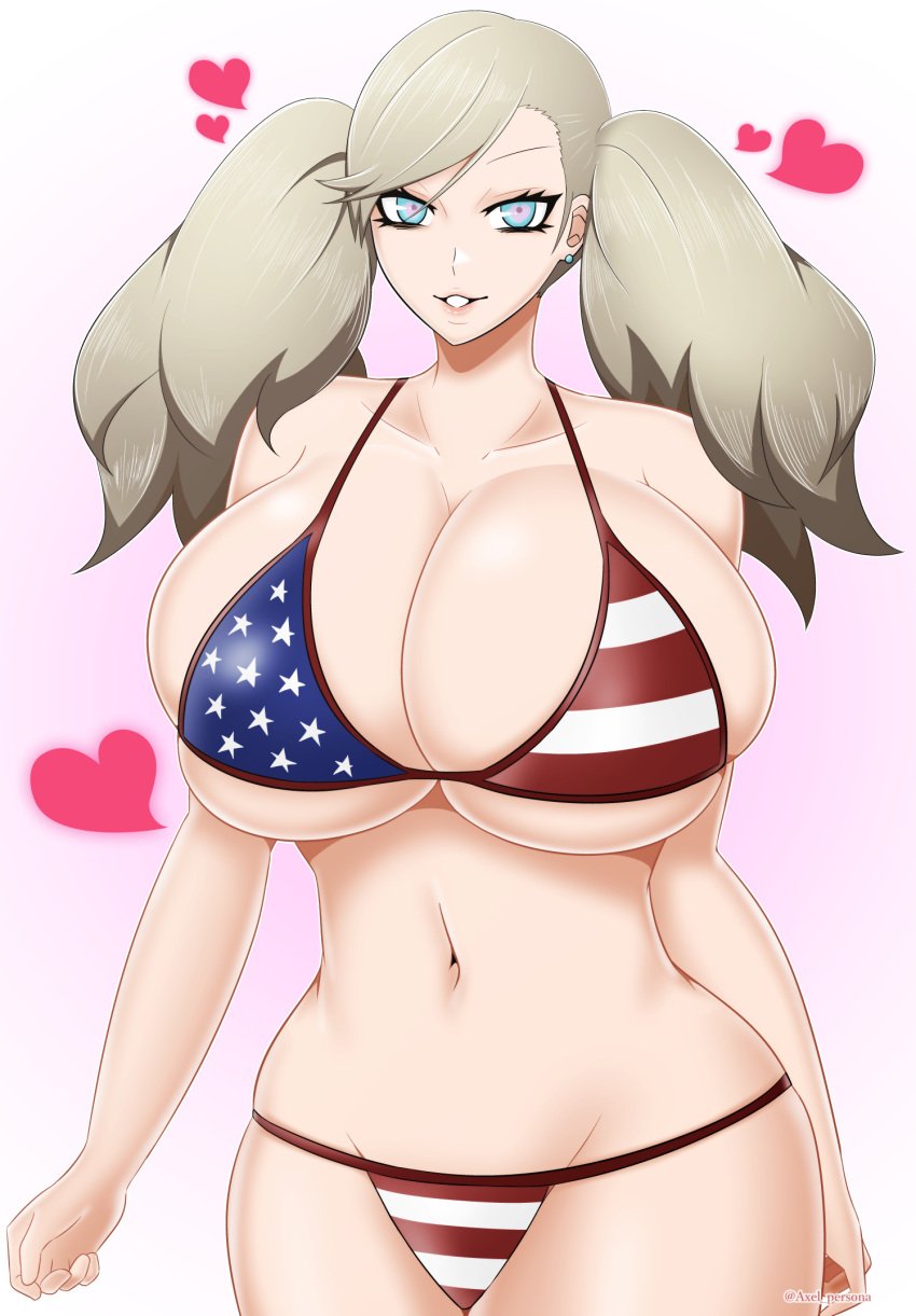 1girls american_flag_bikini ann_takamaki axel_persona big_breasts bikini blonde_hair blue_eyes breasts breasts_bigger_than_head female female_only huge_breasts large_breasts megami_tensei persona persona_5 solo solo_female swimsuit twintails