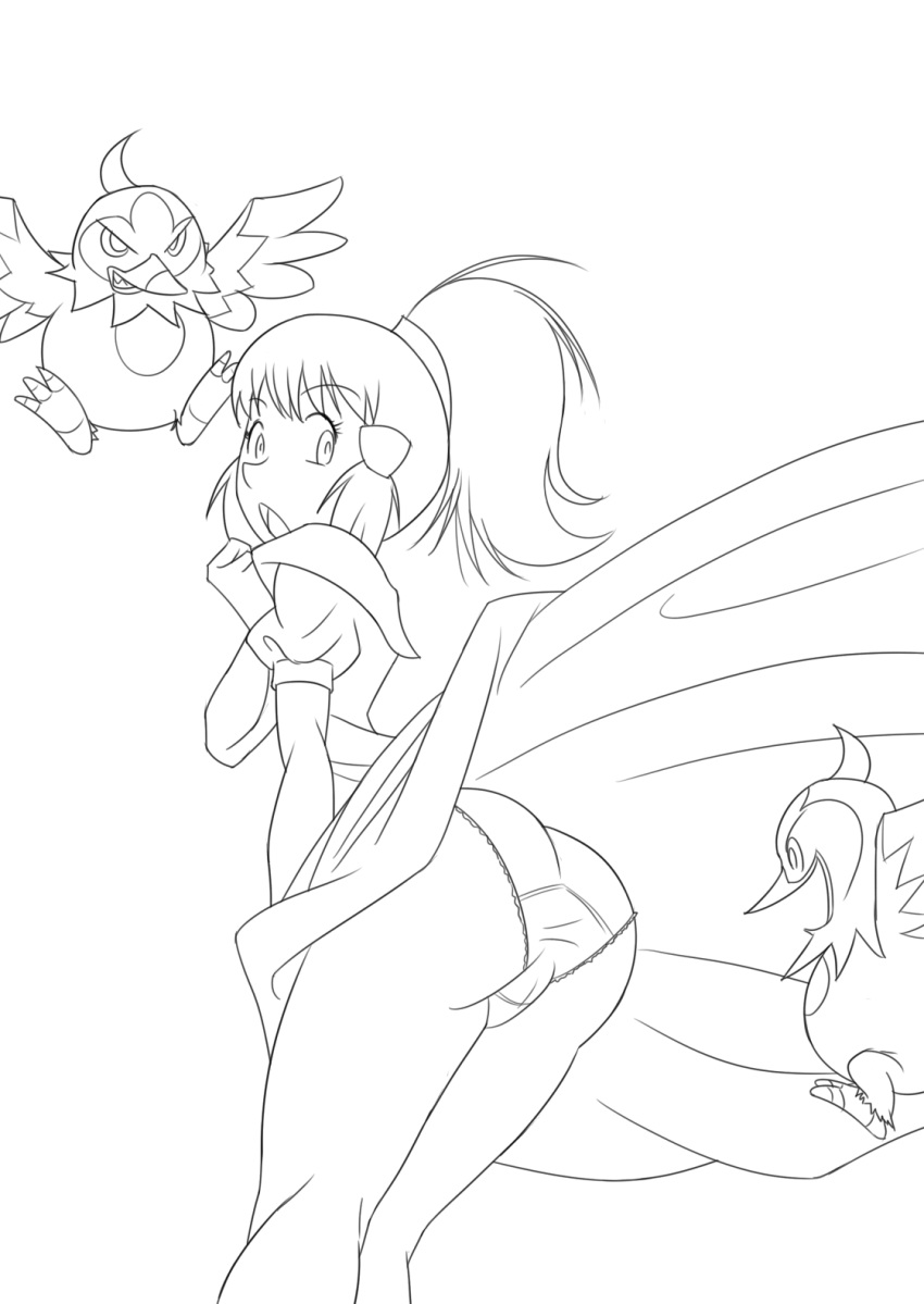 ambiguous_gender ass avian bird brainsucks dawn_(pokemon) dress female human long_hair looking_back monochrome pantyshot pokemon ponytail sketch skirt_lift smile starly surprised tied_hair