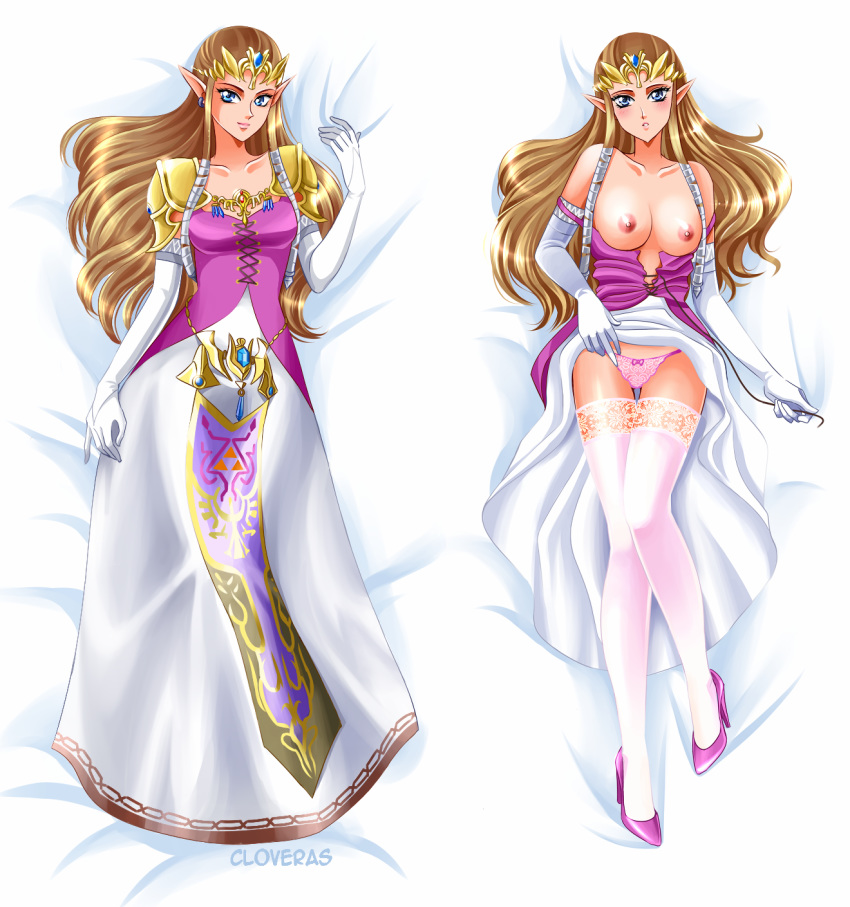 areolae blue_eyes breasts brown_hair cloveras dakimakura elbow_gloves female full_body high_heels long_hair medium_breasts nintendo panties pointy_ears princess_zelda solo the_legend_of_zelda thighhighs twilight_princess zelda_(twilight_princess)