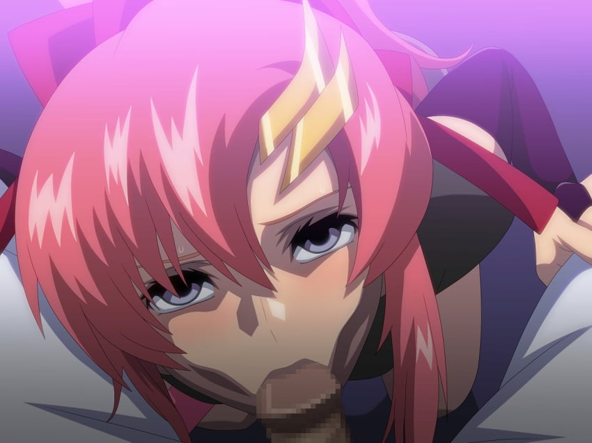 blue_eyes blush censored fellatio gundam gundam_seed gundam_seed_destiny hair hair_ornament kh-fullhouse lacus_clyne looking_at_viewer oral penis pink_hair sweat