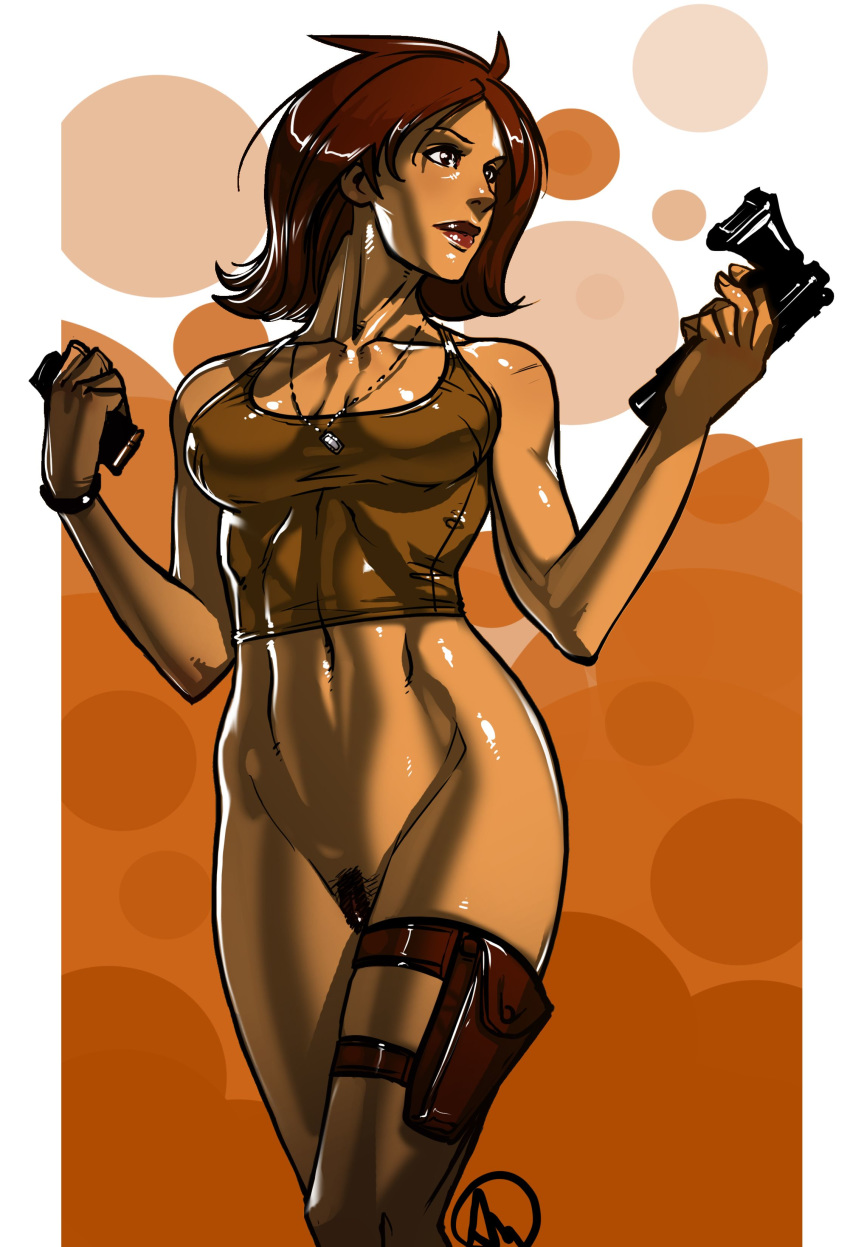 bottomless bracelet breasts brown_eyes brown_hair command_and_conquer dog_tags female ganassa gun highres holster looking_away military navel pubic_hair pussy red_alert_(video_games) red_alert_2 short_hair solo standing tank_top tanya_adams toned weapon