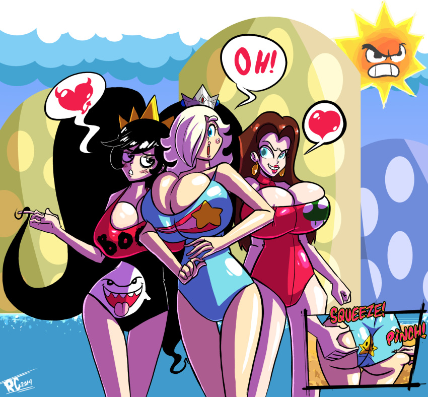 2014 angry_sun ashley_(warioware) ass_grab big_breasts black_hair blonde_hair blue_eyes blush breasts brown_eyes butt_pinch cleavage crossover cutterinthehouse female human looking_at_another mario_(series) nintendo pauline princess_rosalina rollingcutter super_mario_bros. swimsuit warioware