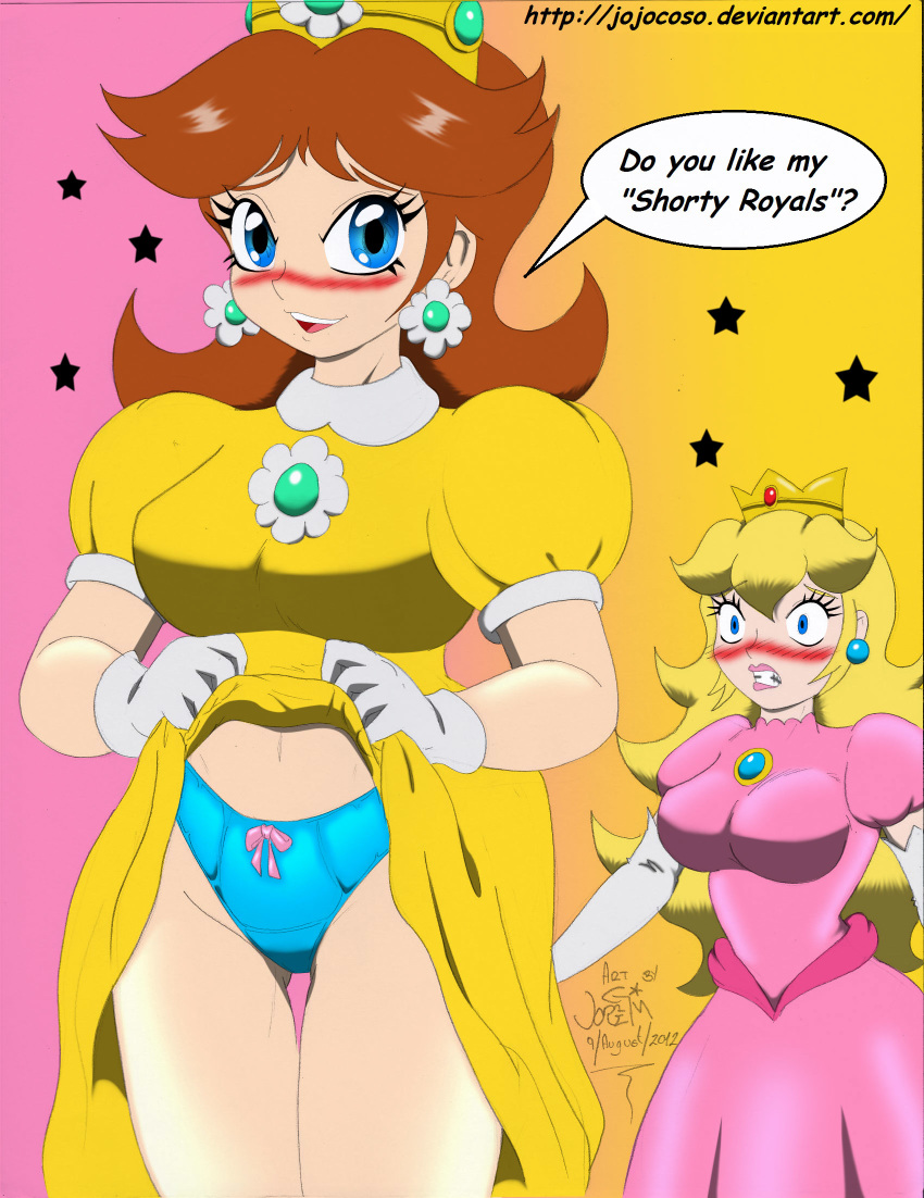 2girls blue_panties blush bow_panties elbow_gloves female female_only gloves human jojocoso mario_(series) migueruchan multiple_girls nintendo panties princess_daisy princess_peach skirt_lift