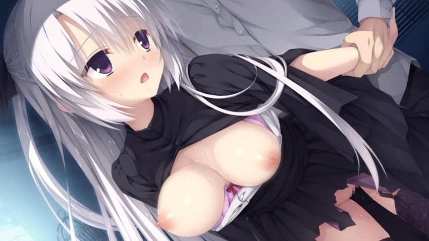 1boy ayachi_nene bent_over black_legwear blush bouncing_breasts bra breasts breasts_out censored female game_cg garter_straps hair_ribbon holding_arm long_hair looking_back mosaic_censoring muririn open_mouth purple_bra purple_eyes pussy_juice ribbon sanoba_witch sex silver_hair thighhighs tied_hair twintails underwear