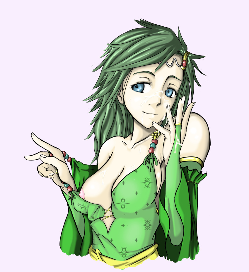 blue_eyes breasts breasts_out bridal_gauntlets cum cum_on_hand detached_sleeves facial female female_only final_fantasy final_fantasy_iv green_eyes hair_ornament highres human jackal_tanhorn long_hair nipples one_breast_out rydia simple_background solo strap_pull white_background