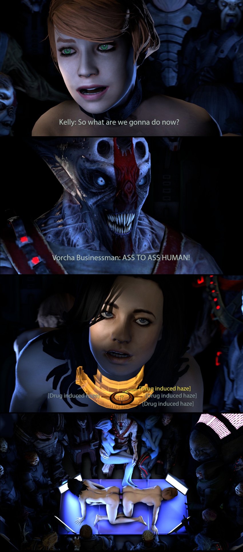 3d alien asari ass_to_ass batarian bondage captured collar collared defeated drug drugged elcor english_text gameplay_mechanics kelly_chambers krogan mass_effect mass_effect_2 miranda_lawson prostitution rape requiem_for_a_dream sex_slave shittyhorsey text turian vorcha