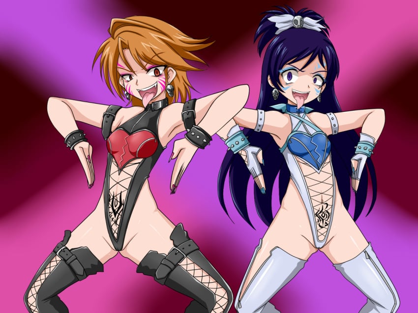 2girls bow clothing cure_black cure_white eyeliner eyeshadow face_paint fishnets futari_wa_precure haigure magical_girl misumi_nagisa multiple_girls nail_polish precure pretty_cure san_shiki small_breasts stockings tongue_out yukishiro_honoka