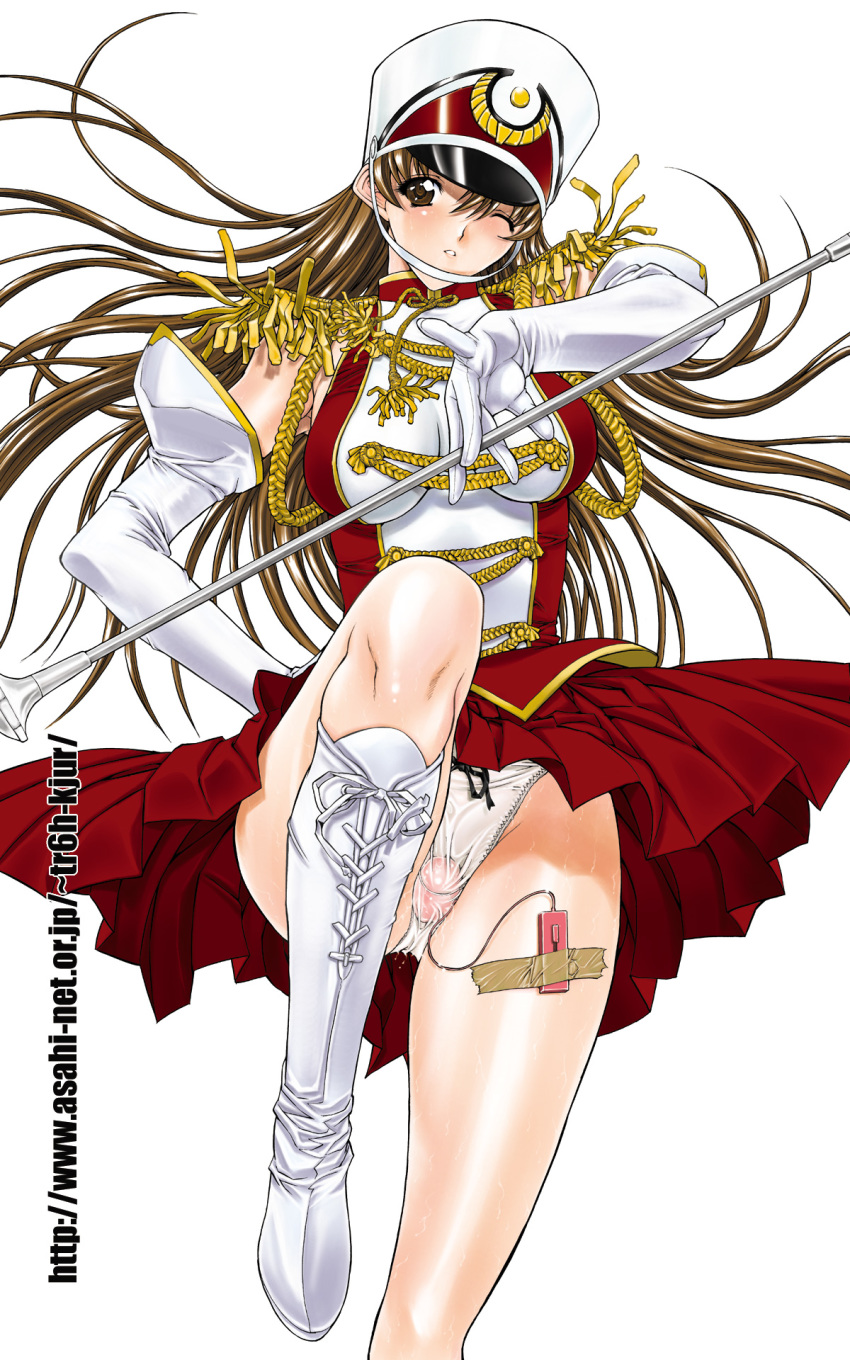 band_uniform boots brown_eyes brown_hair elbow_gloves female gloves hat highres kino_hitoshi kinshisoukan long_hair marching_band_baton one_eye_closed original panties shako_cap skirt solo underwear vibrator wallpaper white_panties