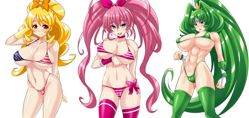 3girls abs american_flag american_flag_bikini anime_style bikini bimbo blush bow breasts bridal_gauntlets busty cleavage cure_honey cure_march cure_melody female green_hair happinesscharge_precure! houjou_hibiki hourglass_figure konno_tohiro large_breasts magical_girl midorikawa_nao multiple_girls muscle oomori_yuuko ponytail precure pretty_cure smile smile_precure suite_precure swimsuit tied_hair twintails voluptuous