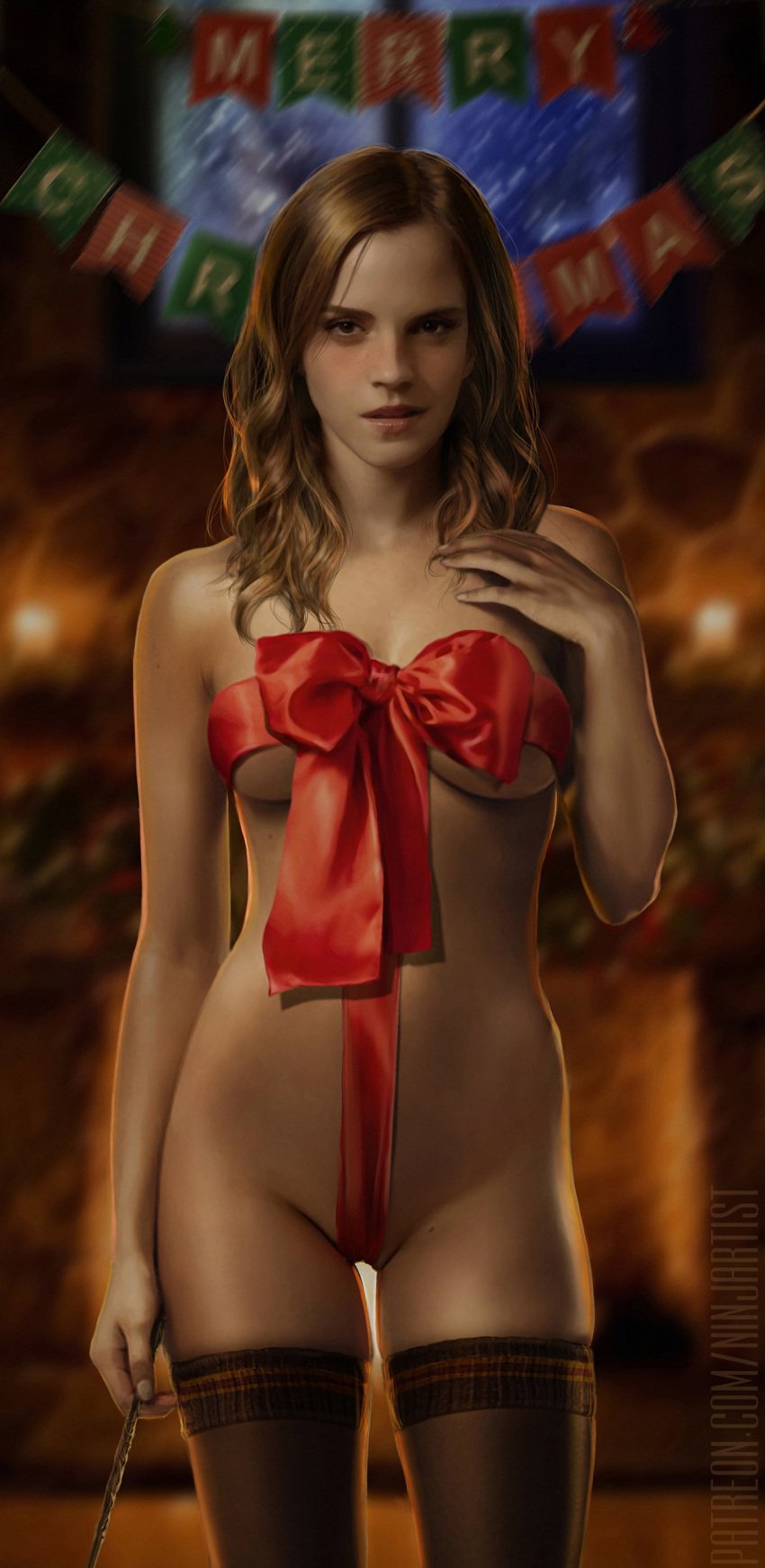 1girls almost_naked black_socks blush bow breasts brown_eyes brown_hair celebrity christmas christmas_present emma_watson female female_focus female_only gift_ribbon harry_potter hermione_granger highres light-skinned_female light_skin looking_at_viewer medium_breasts naked_ribbon ninjartist nude nude_female pussy real_person realistic ribbon shaved_crotch shaved_pussy slim smile socks stocking stockings stockings_only stockings_thigh_highs tagme thigh_highs thigh_socks thighhighs wand wrapped